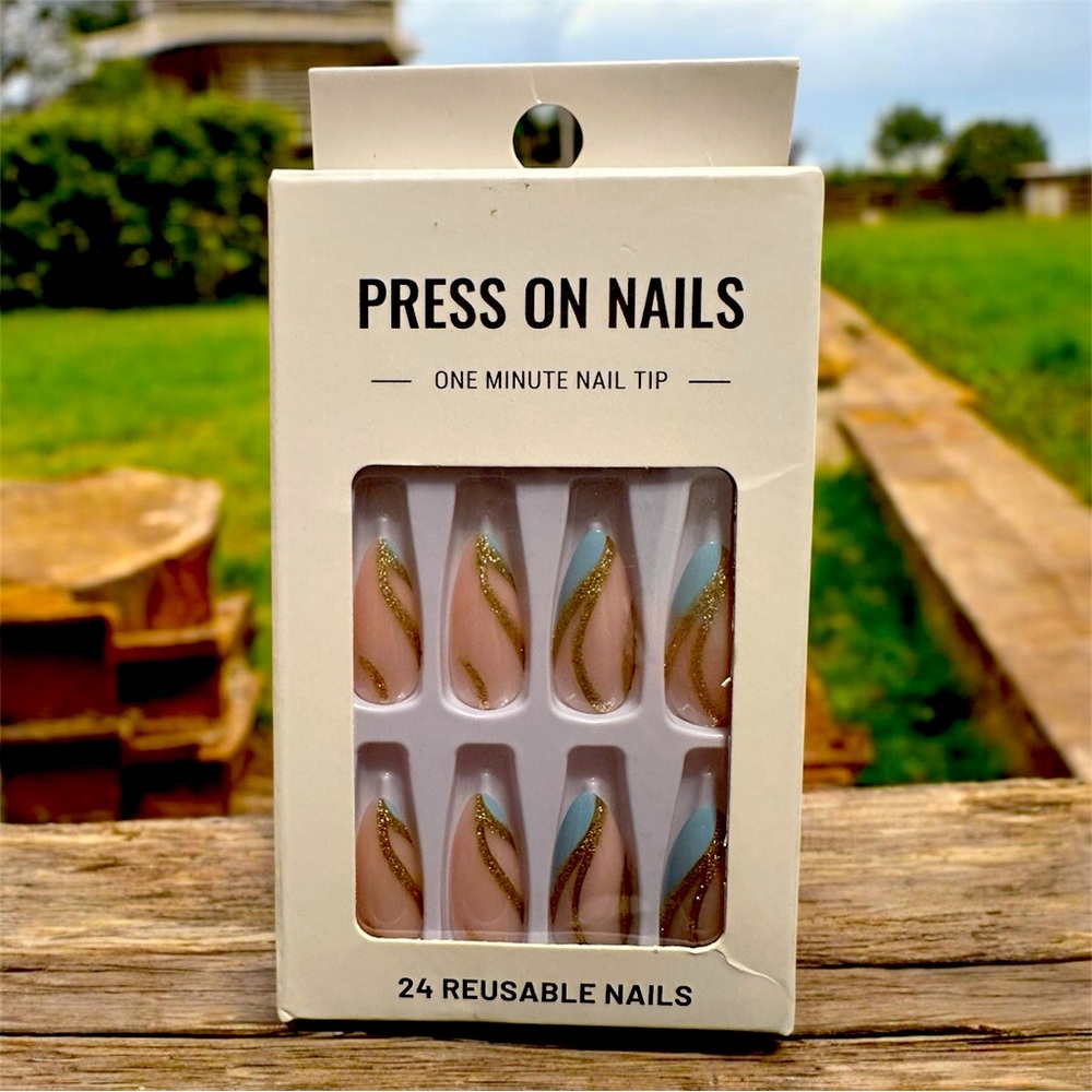 Blue and Gold Press-On Nails for Effortless Glam